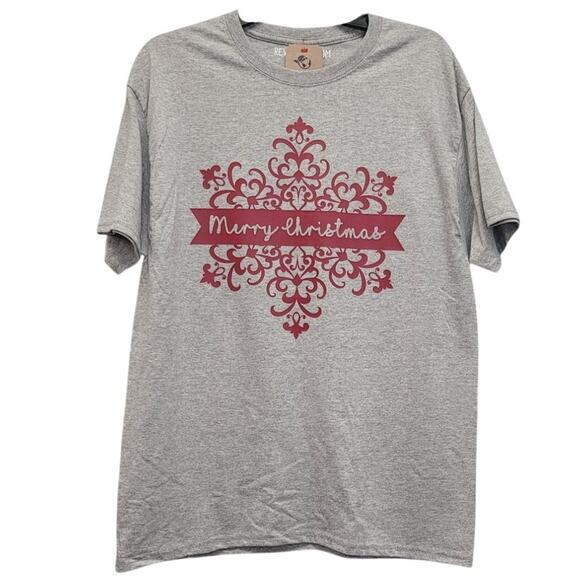 New Hand Printed Womens Large Merry Christmas Floral Scrollwork Short Sleeve Tee - Picture 1 of 4